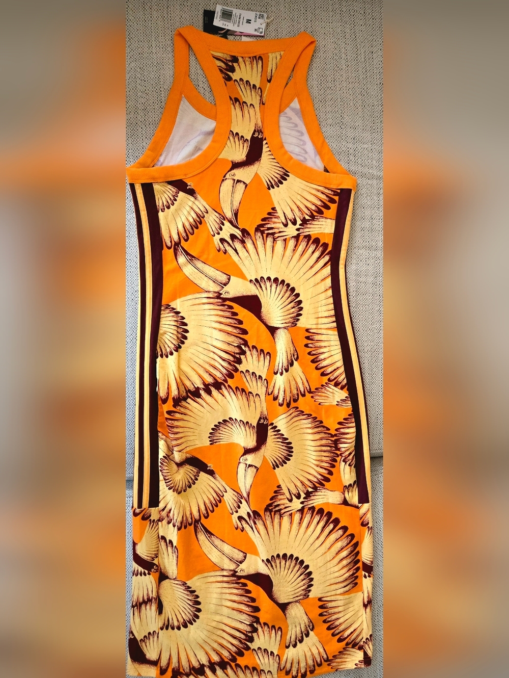NWT ADIDAS x FARM RIO Orange Graphic Tucan Print Slim Sleeveless Dress Size: M - Picture 10 of 12